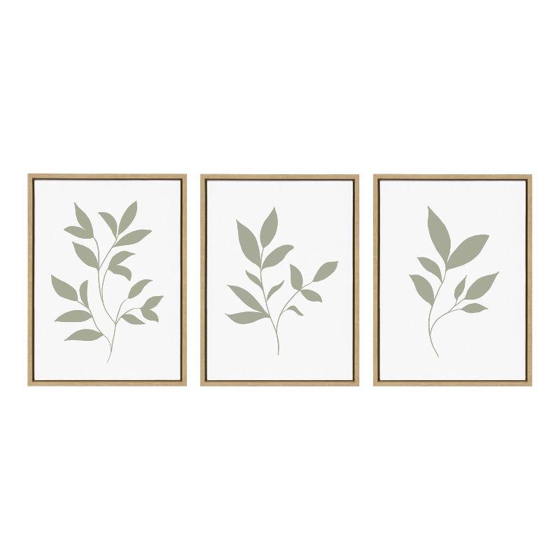 Modern Sage Green Botanical Print on Canvas with Natural Frame, 3 Piece Set