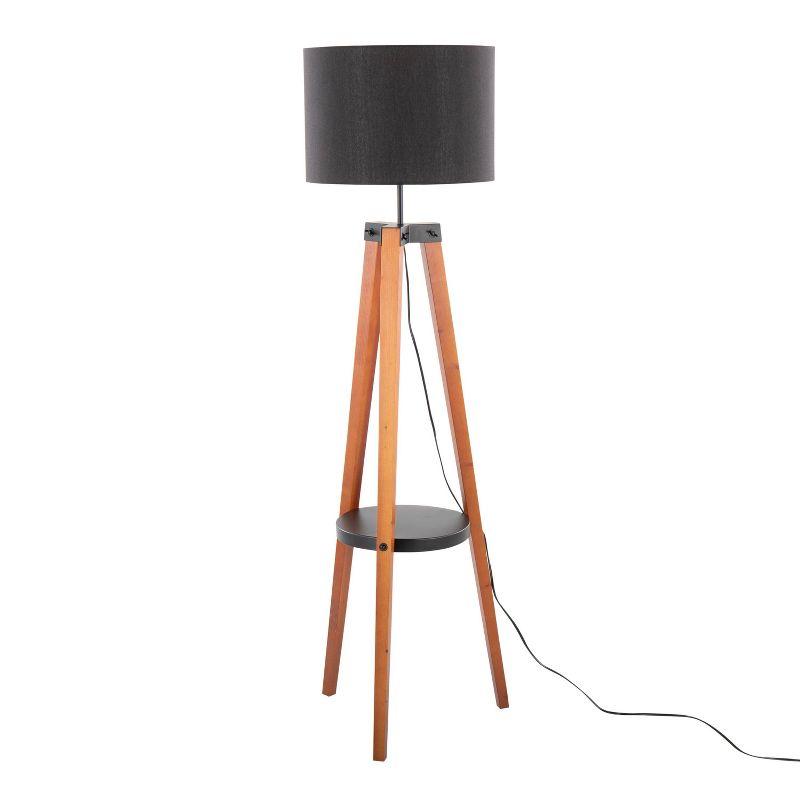 Walnut Wood Black Linen Tripod Floor Lamp with Shelf