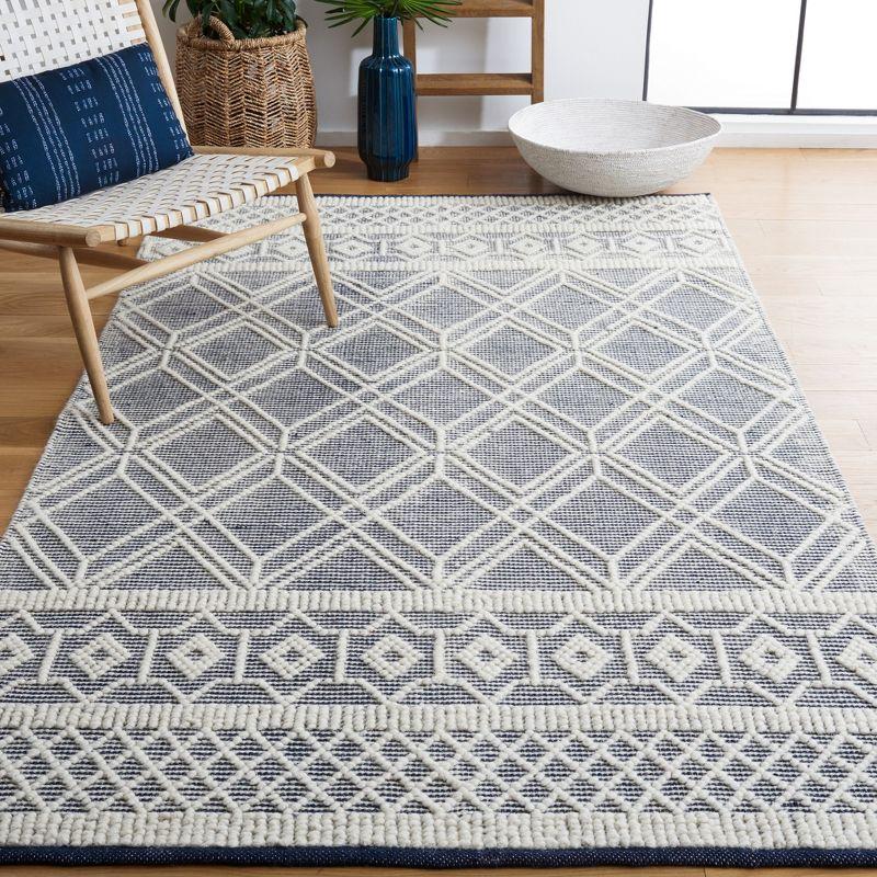 Ivory and Navy Handwoven Wool Rectangular Rug