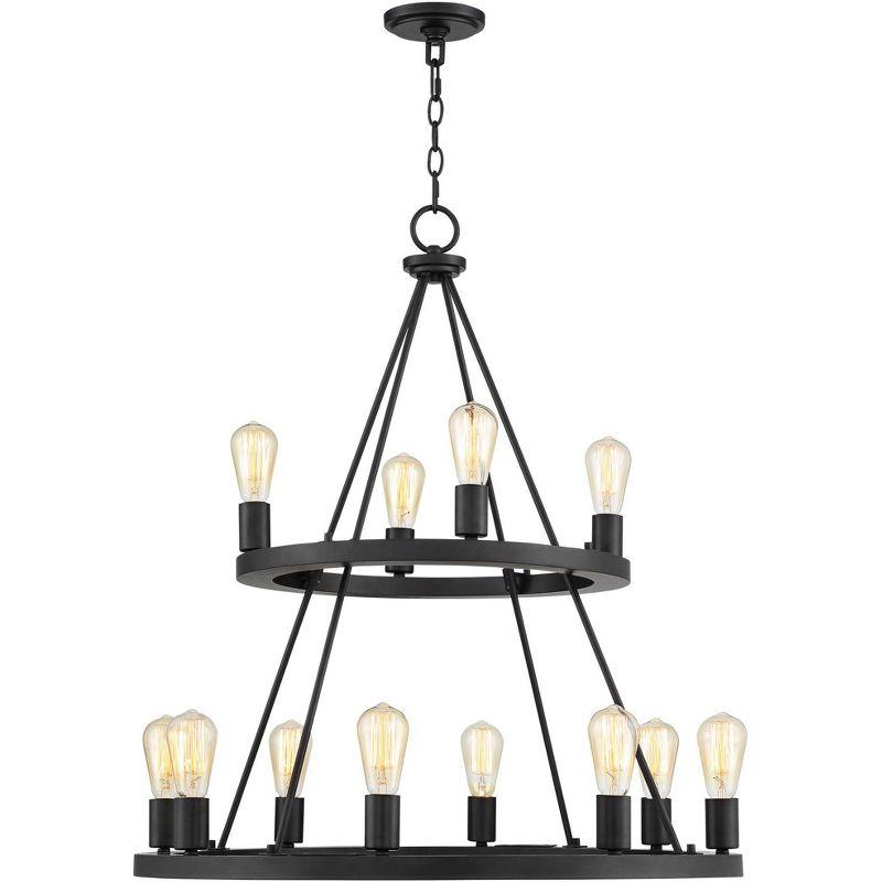 Franklin Iron Works Lacey Black Wagon Wheel Chandelier 29 1/4" Wide Industrial Rustic LED 2-Tier 12-Light Fixture for Dining Room Foyer Kitchen Island
