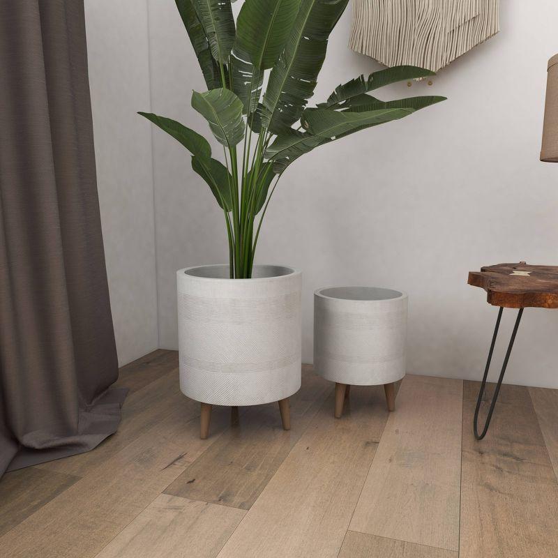 Set of 2 White Fiberclay Planters with Wooden Legs