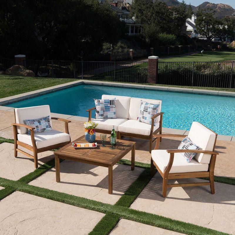 Teak and Cream Acacia Wood 4-Seater Outdoor Chat Set