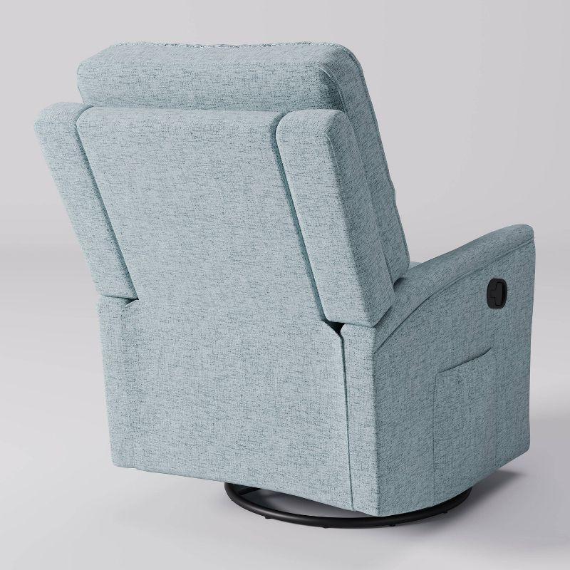 Soothing Spot Blue Swivel Recliner with Wooden Accents