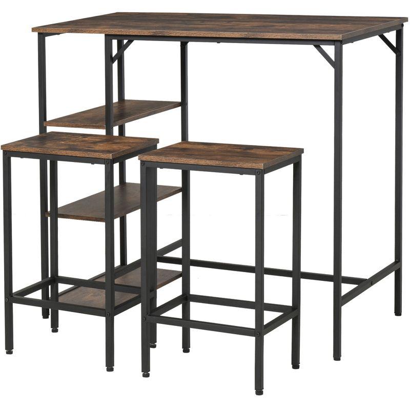 HOMCOM Industrial 3 Piece Dining Table Set, Counter Height Bar Table and Chairs Set, Kitchen Bistro Table Set with Storage Shelf and Stools, Brown