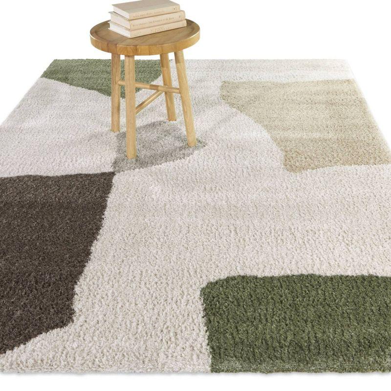 Cream and Green Abstract Stain-Resistant Synthetic Area Rug