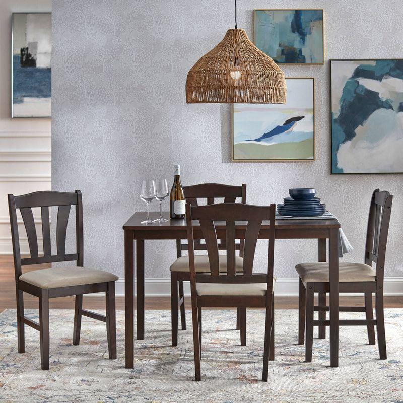 Espresso Rubberwood 5-Piece Dining Set with Beige Microfiber Seats