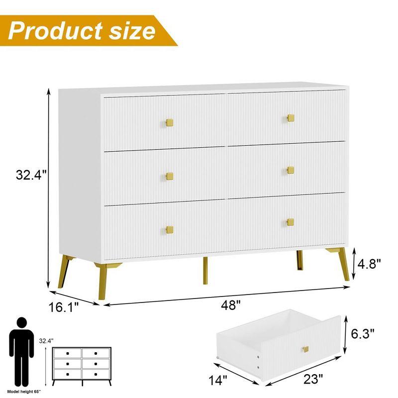 6 Drawer Dresser for Bedroom,Modern Bedroom Dresser,Fluted White and Gold Dresser with Curved Profile Design