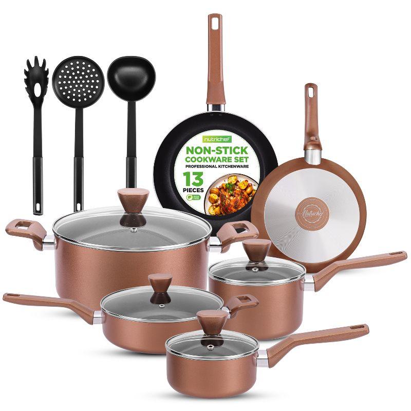 NutriChef 13-Piece Nonstick Cookware Set with Lids and Utensils - Stylish Brown