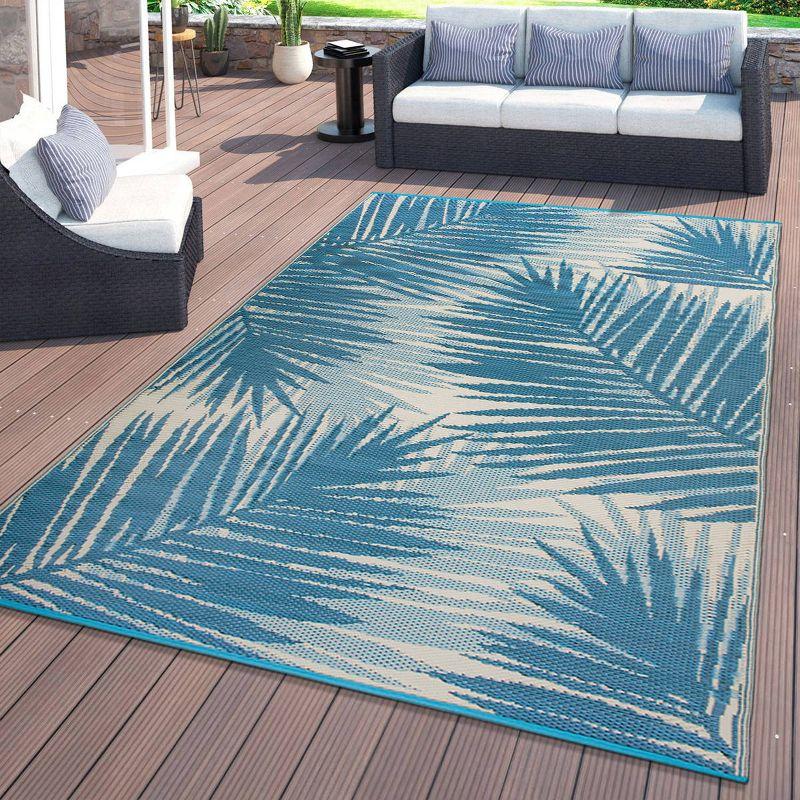 Blue Tropical Floral Reversible Synthetic Indoor/Outdoor Rug 3' x 5'