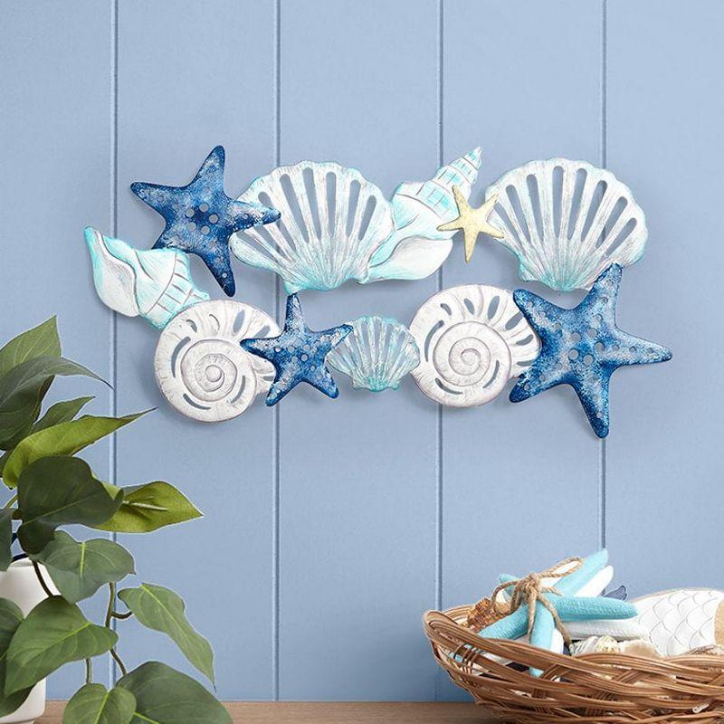 Blue and White Metal Seashell Ocean Wall Art