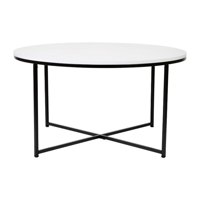 35.5" Round White Wood & Matte Black Metal Coffee Table