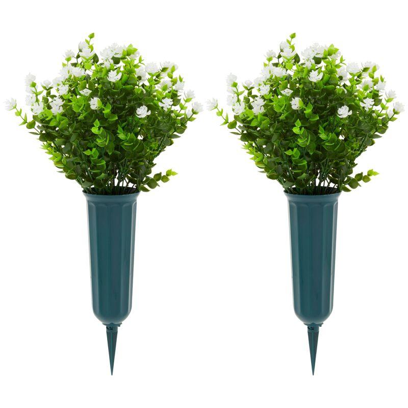 Bright Creations 6 Bundles White Artificial Flowers with 2 Cone Vases, Faux Fake Plant for Cemetery, Outdoor Decor (8.6 x 13 In)