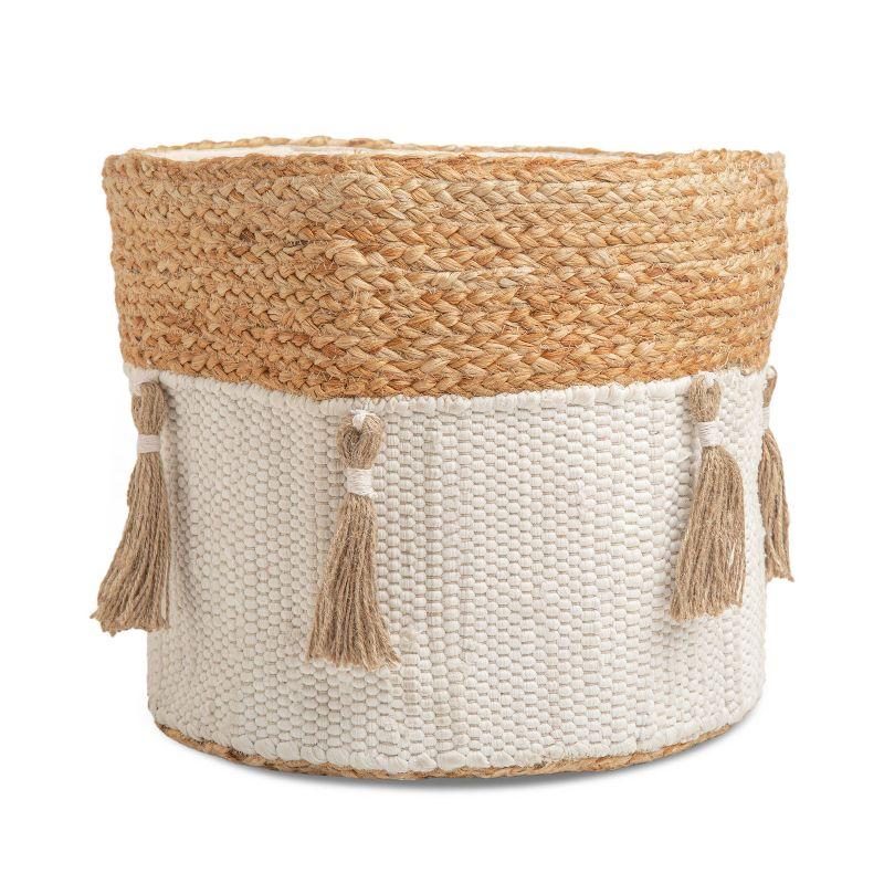 Round Cotton and Jute Boho Storage Bin with Tassels