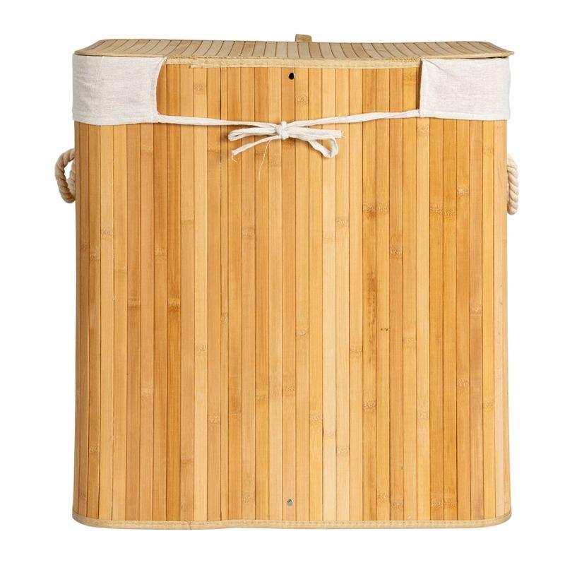 Household Essentials Bamboo Double Laundry Hamper with Rope Handles, Lid and Removable Machine Washable Laundry Bag, 39-Gallons