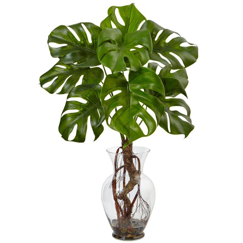 Nearly Natural 26-in Monstera Plant in Rocks with Glass Vase