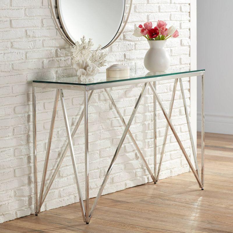 55 Downing Street Modern Chrome Stainless Steel Rectangular Console Table 47 1/4" x 15 3/4" Silver Glass Tabletop for Living Room Bedroom Bedside Home