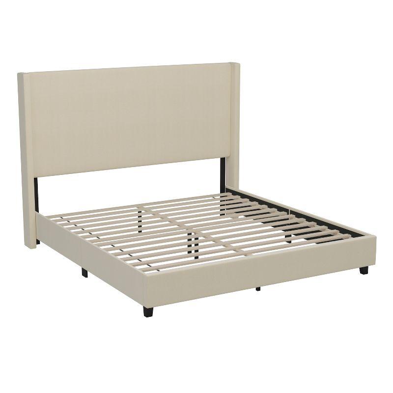 Beige King Upholstered Platform Bed with Wingback Headboard