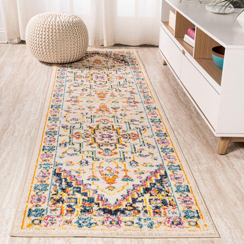 Ivory and Multicolor Medallion Synthetic Runner Rug