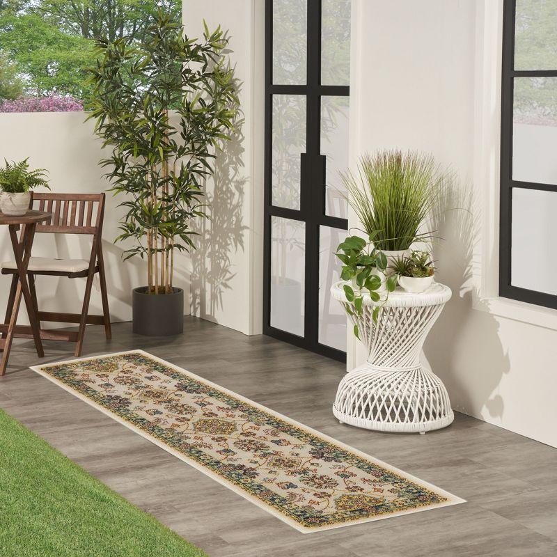 Nourison Essentials Floral Persian Indoor Outdoor Rug Ivory Gold 2'2" x 7'6"