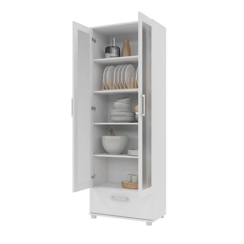 White 71.85" Bookcase with Frosted Glass Doors and Drawer