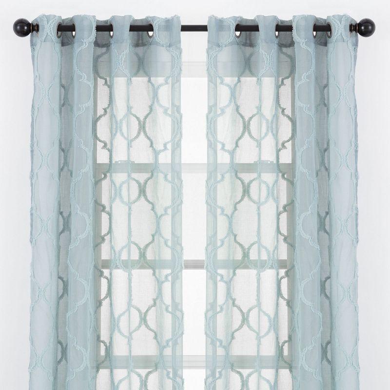 Chanasya 2pk Moroccan Embroidered Grommet Textured Sheer Window Curtain Panels - Set of 2 - 52 x 63 Inches Long - Tan Turquoise