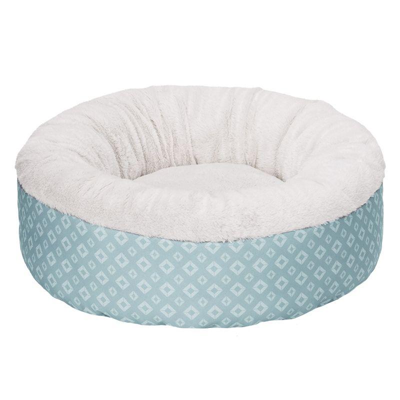 FurHaven Plush & Diamond Print Calming Donut Pet Bed for Dogs & Cats - Small, Aqua