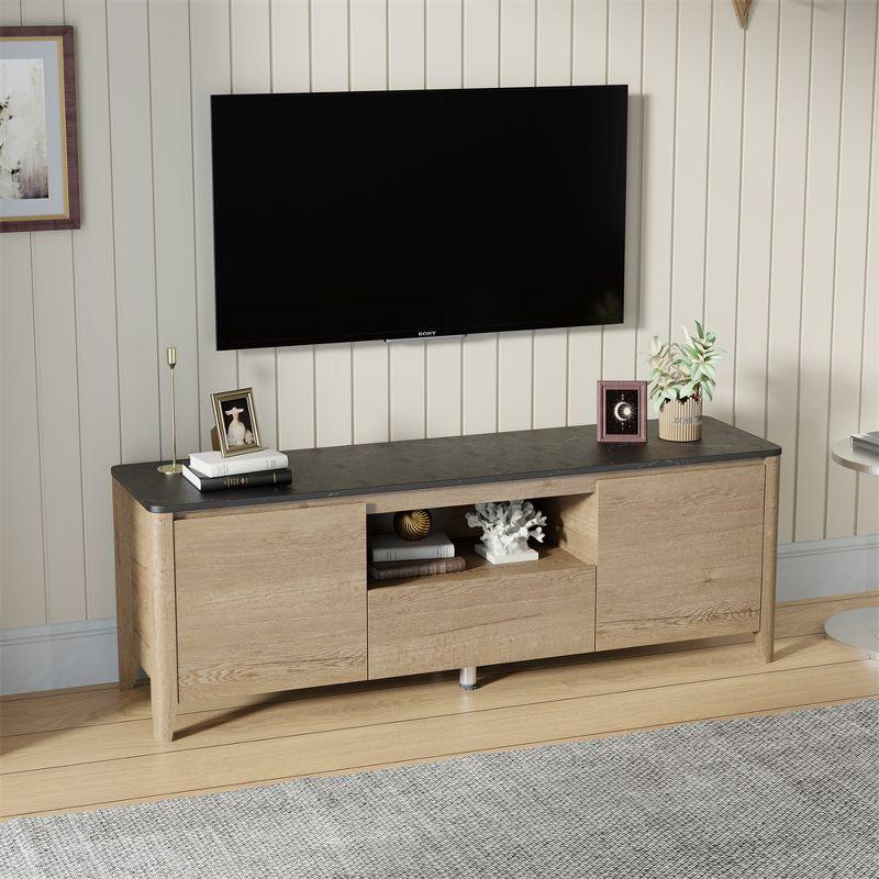 58'' Natural Wood and Black Modern TV Stand with Storage and LED Lights