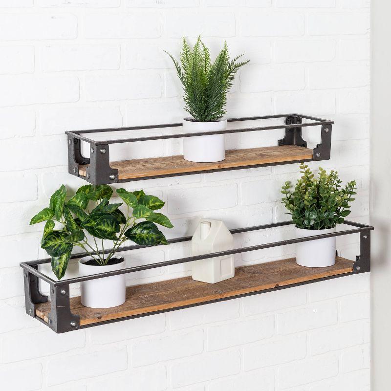 Honey-Can-Do Metal and Wood Wall Shelves: Rustic Floating Shelves, Decorative Steel Frame, 2-Tier, 10lb Capacity, Brown