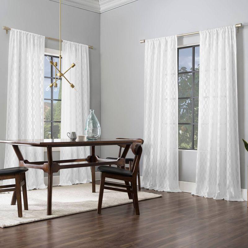 White Geometric Clipped Jacquard Light-Filtering Rod Pocket Curtain Panel