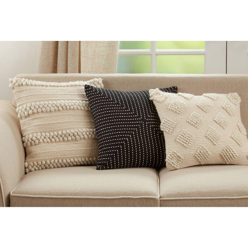 18"x18" Diamond Design with Pom-Poms Square Throw Pillow Cover Ivory - Saro Lifestyle: Bohemian Style, Zippered, Polyester & Cotton Blend