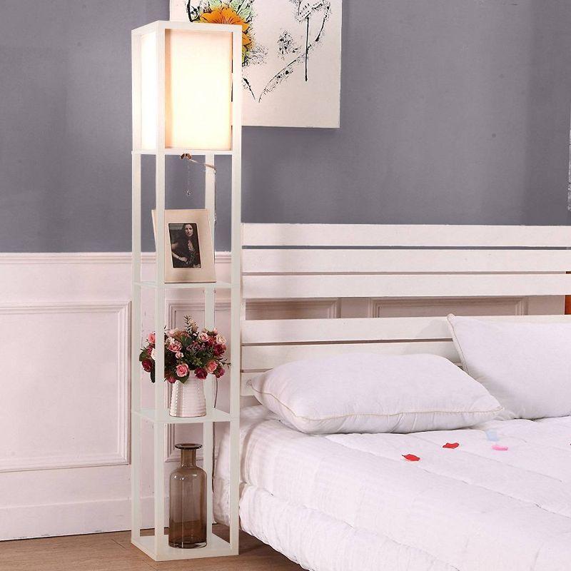 Brightech Maxwell 63" Modern LED Shelf Floor Lamp with White Finish, 3 Tiers, and Fabric Square Shade, Bulb Included