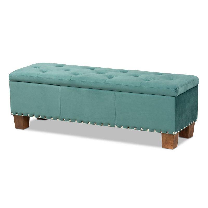 Teal Velvet Tufted Storage Bench with Walnut Legs