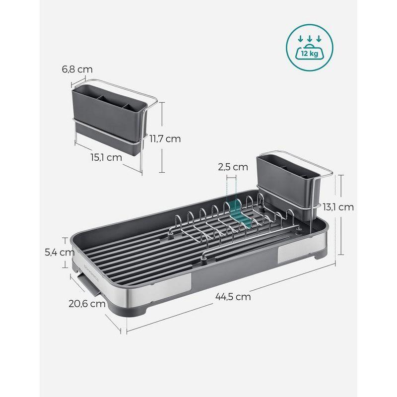 Compact Silver and Black Foldable Metal Dish Drying Rack with Utensil Cup