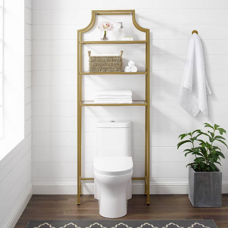 Aimee Space Saver Gold - Crosley: Modern Luxury Freestanding Toilet Hutch with 3 Tempered Glass Shelves