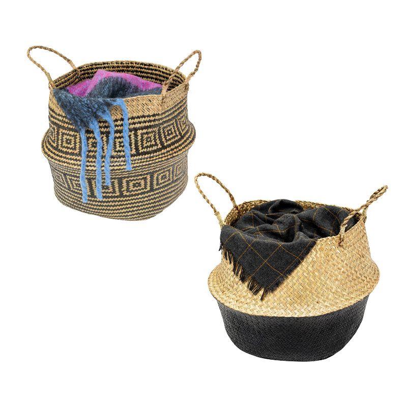 Honey-Can-Do 2pc Folding Belly Baskets: Seagrass Storage, Black & Light Beige, 18"x18"x14"