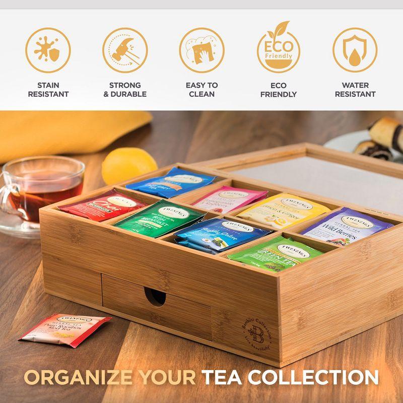 Bamboo Tea Bag Organizer - Tea Organizer: Wooden Tea Box with 8 Compartments, Acrylic Window, and Magnetic Lid, Keeps Tea Bags Fresh - Great Gift Idea