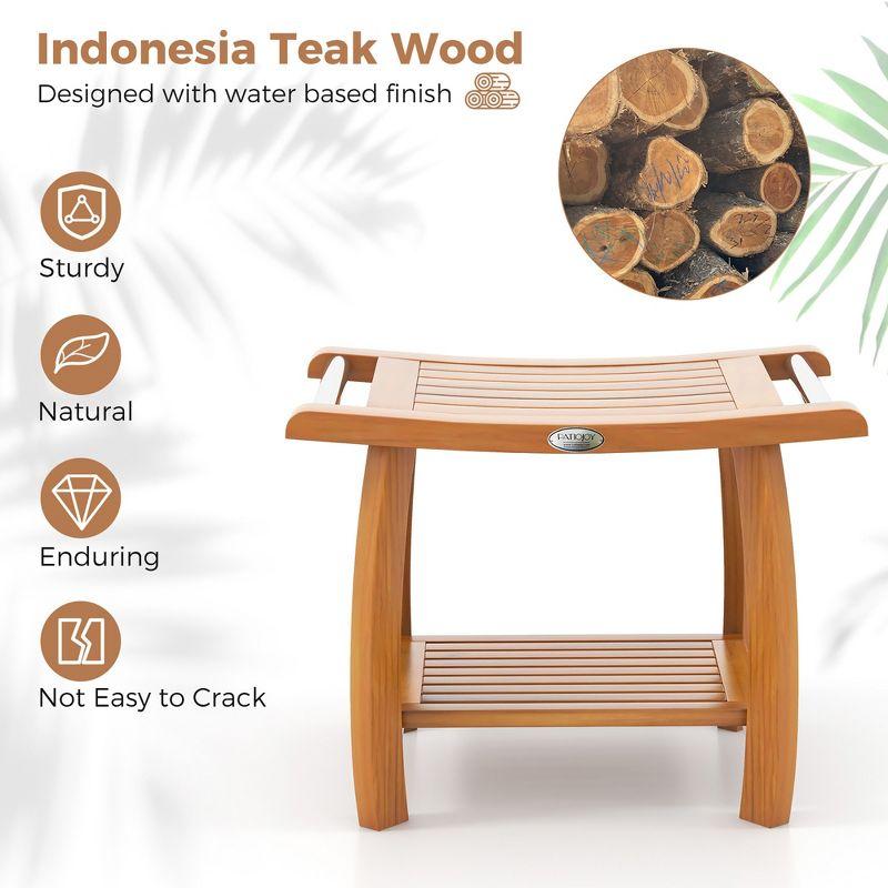 Tangkula Teak Wood Shower Bench 2-Tier Wooden Shower Stool w/ Curved Seat Handles Small