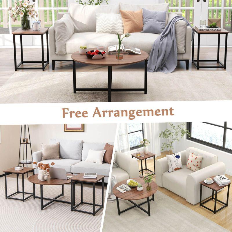 Costway 3 PCS Coffee Table Set Round Coffee Table and 2PCS Square End Tables Metal Frame White/Gray/Walnut