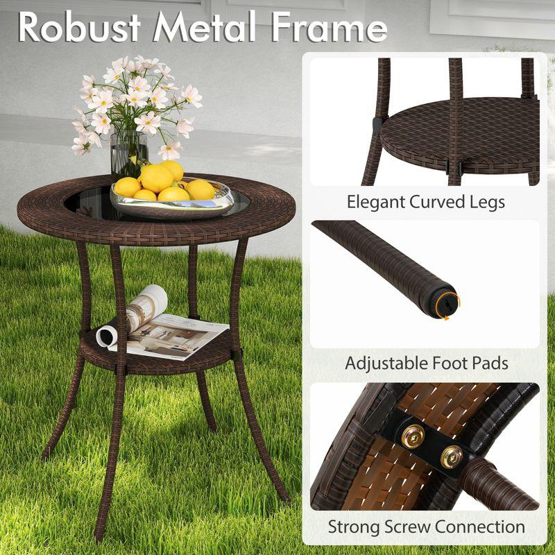 Tangkula Outdoor Side Table with Storage PE Wicker Patio Bistro Table with Tempered Glass Tabletop