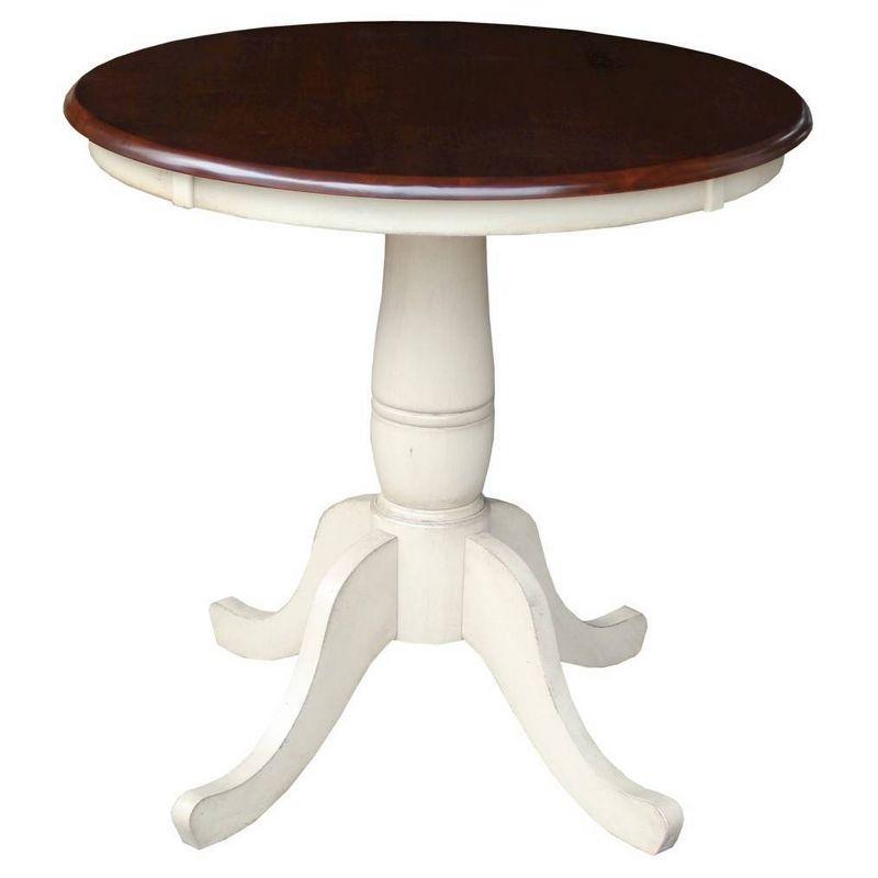 International Concepts 30" Round Top Pedestal Dining Table Antiqued Almond/Espresso: Mid-Century Style, Seats 4