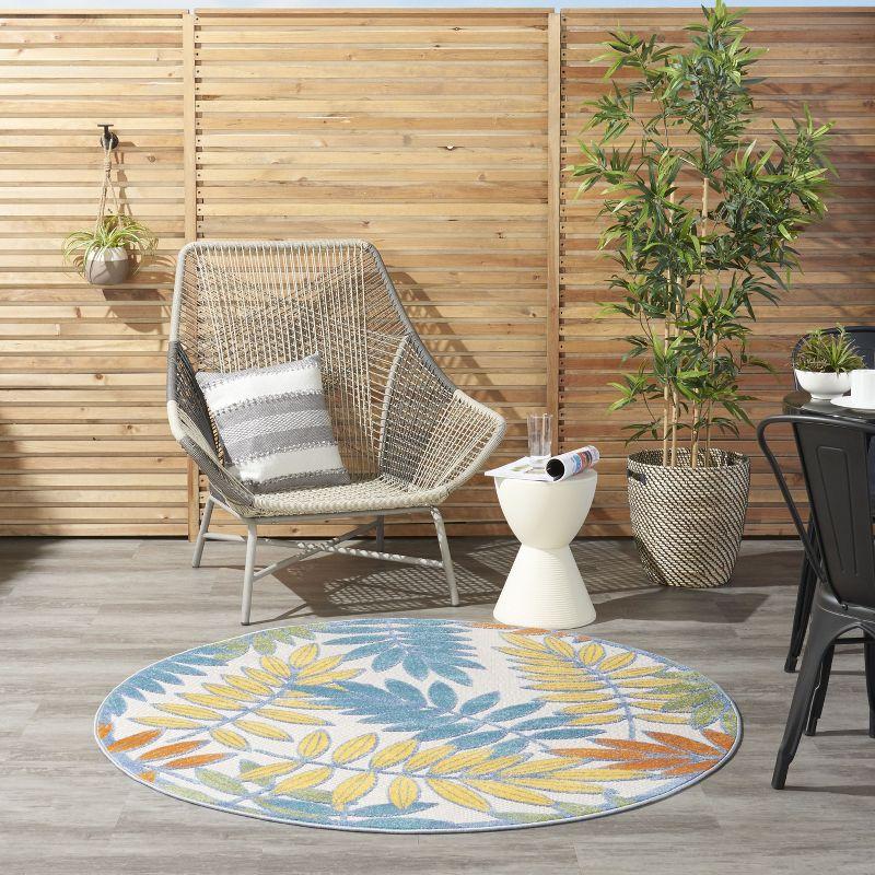 Ivory Multi Floral Round Synthetic Outdoor Rug