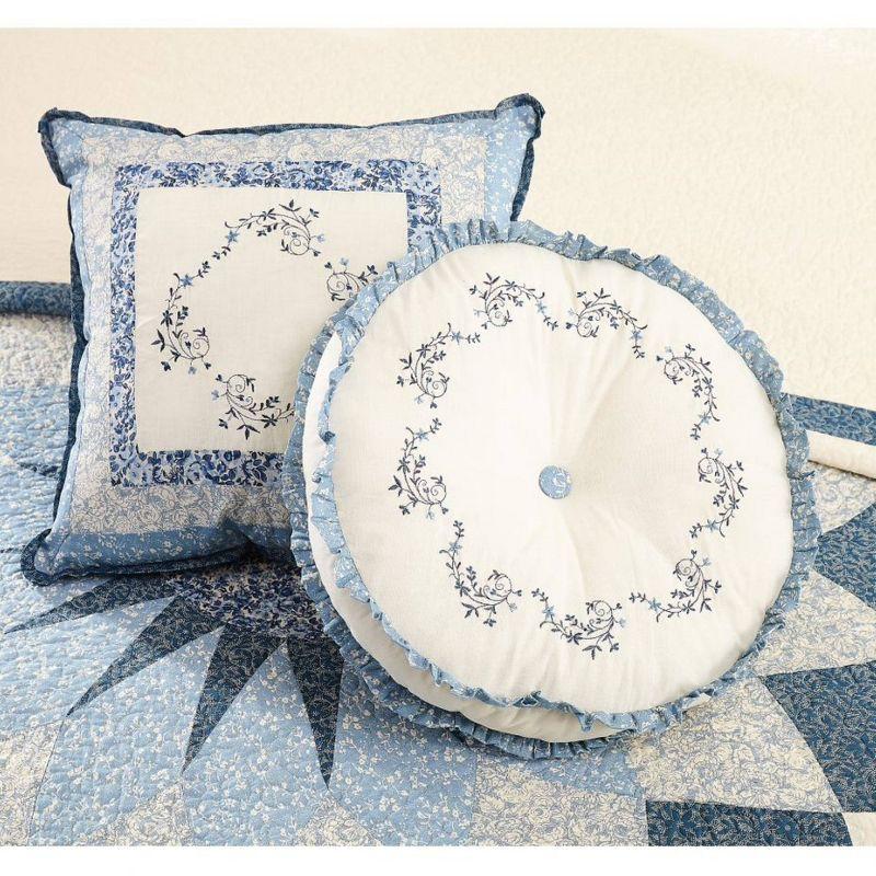 16" Square Blue Floral Embroidered Cotton Pillow