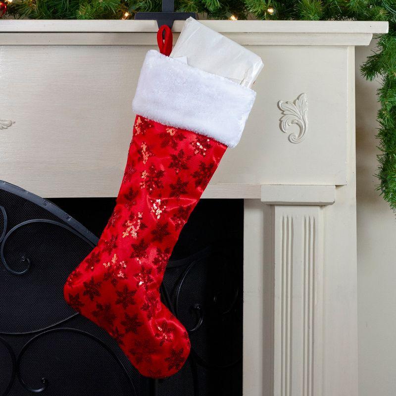 Red and White Sequin Snowflake Christmas Stocking with Faux Fur Cuff