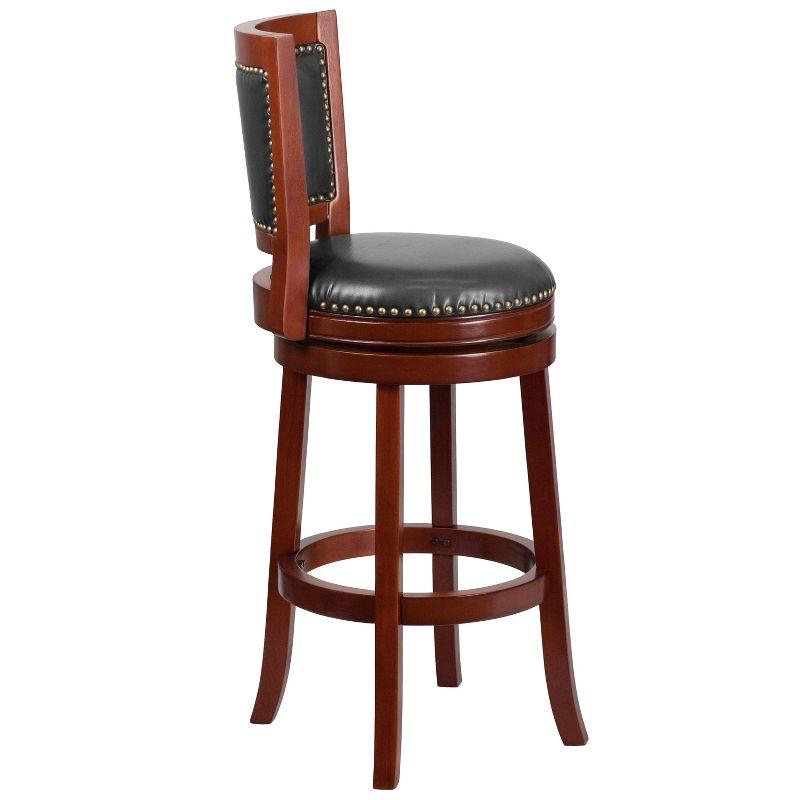 Elegant Dark Cherry Wood Swivel Barstool with Walnut Leather Seat