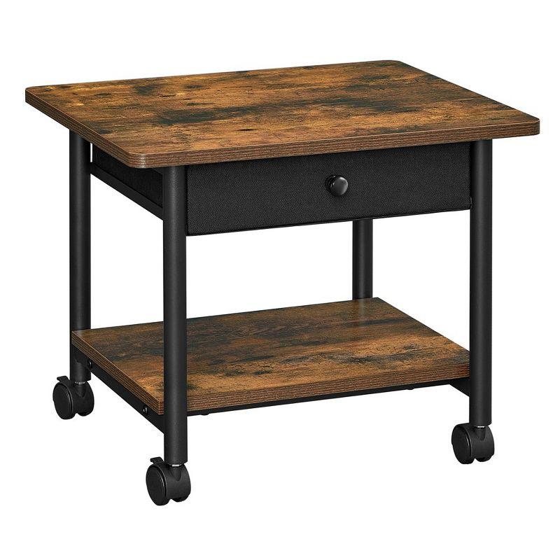 Rustic Brown and Black Printer Stand with Wheels and Drawer