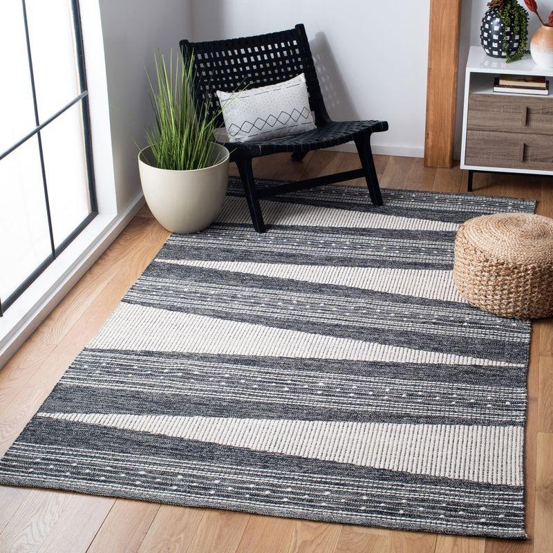 Black and Ivory Striped 4' x 6' Wool Cotton Area Rug