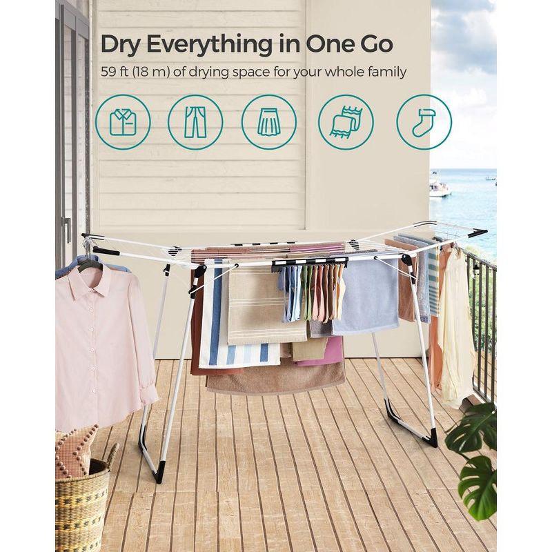 SONGMICS Clothes Drying Rack Foldable Gullwing Laundry Drying Rack, Space-Saving, 22.2 x 68.1 x 38 Inches Sock Clips Metal Structurefor Clothes White