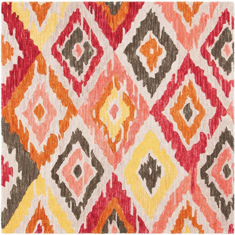 Ikat 6' x 6' Red and Beige Hand-Tufted Wool Rug