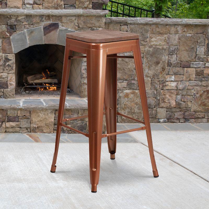 Copper Frame 30" High Backless Brown Wood Seat Barstool