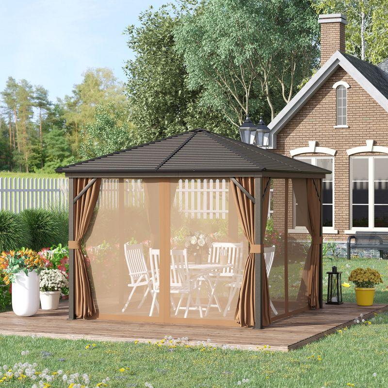 Outsunny 10x10 Hardtop Gazebo with Aluminum Frame, Permanent Metal Roof Gazebo Canopy with Curtains and Netting for Garden, Backyard, Light Brown